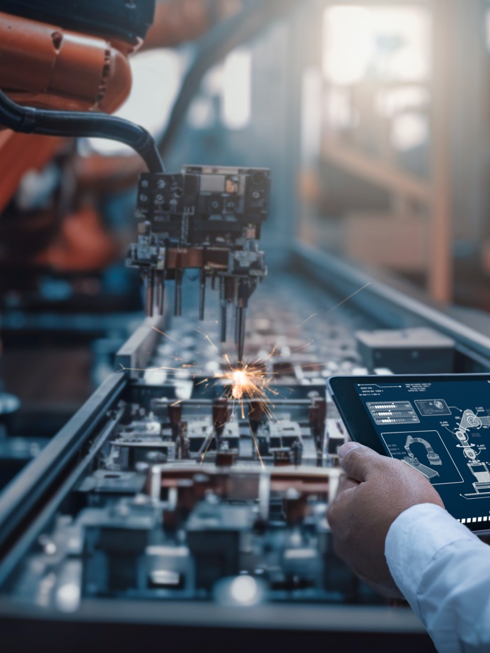 Travailleurs activant un robot