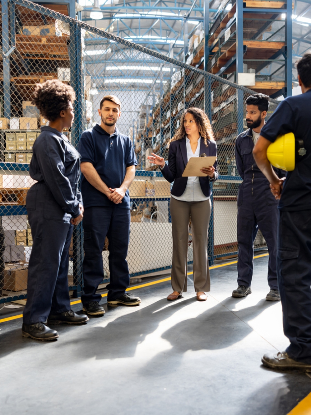 groupe d'employés manufacturier en discussion