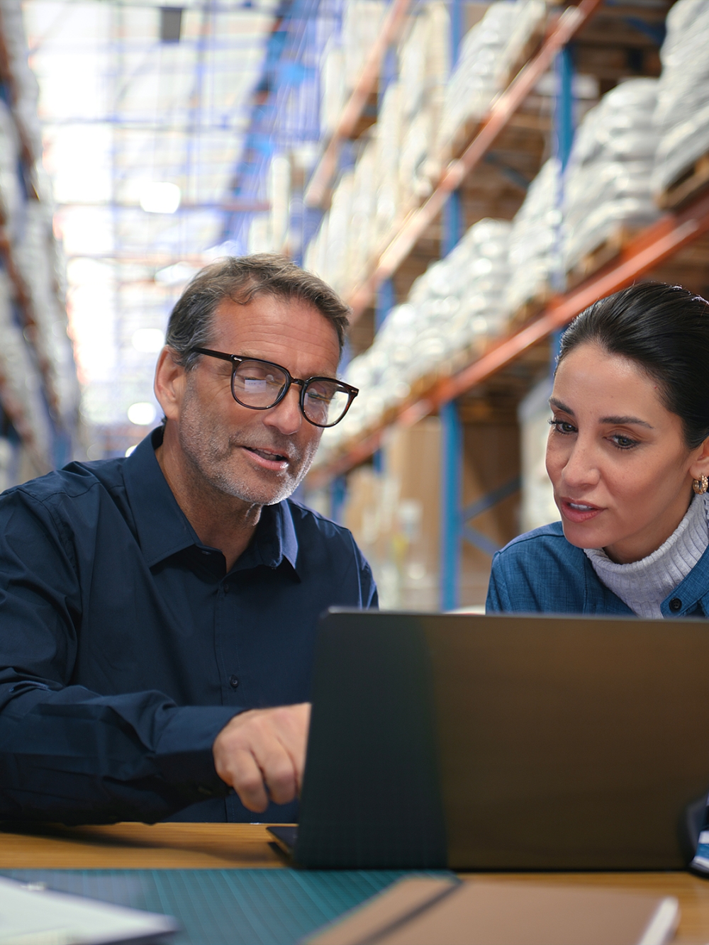 Deux collègues travaillant à ordinateur portable dans un entrepôt