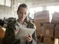 Personne utilisant une tablette dans un entrepôt rempli de boîtes en carton.