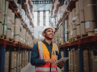 Un travailleur souriant dans un entrepôt portant un dossard orange